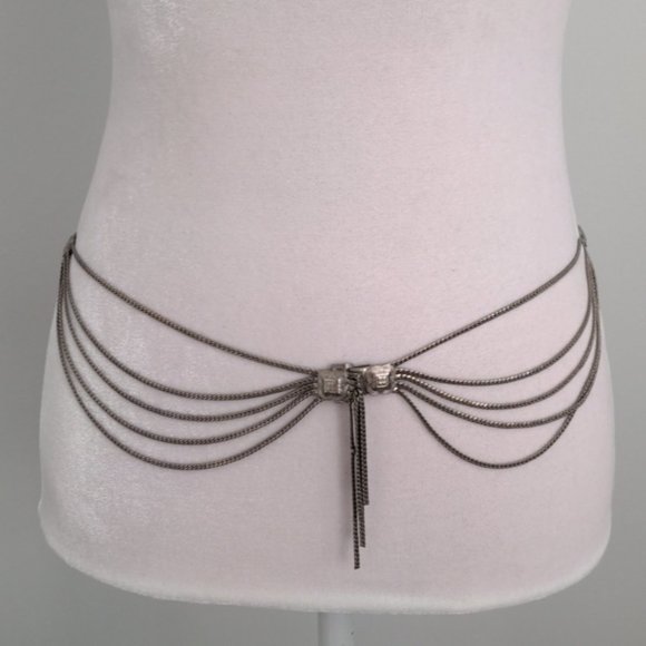 Christian Dior Belt Multi Strand Silver Chain Hip Belt Conchos Vintage - Picture 1 of 13